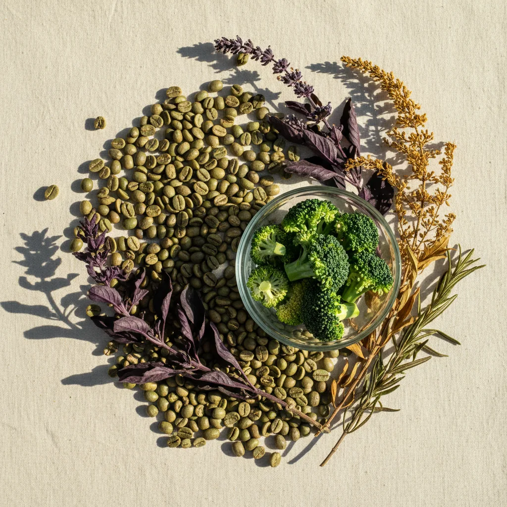 Flat-lay of green coffee beans, broccoli florets and dried botanical herb sprigs on cream linen - key ingredients in a plant-based metabolism supplement