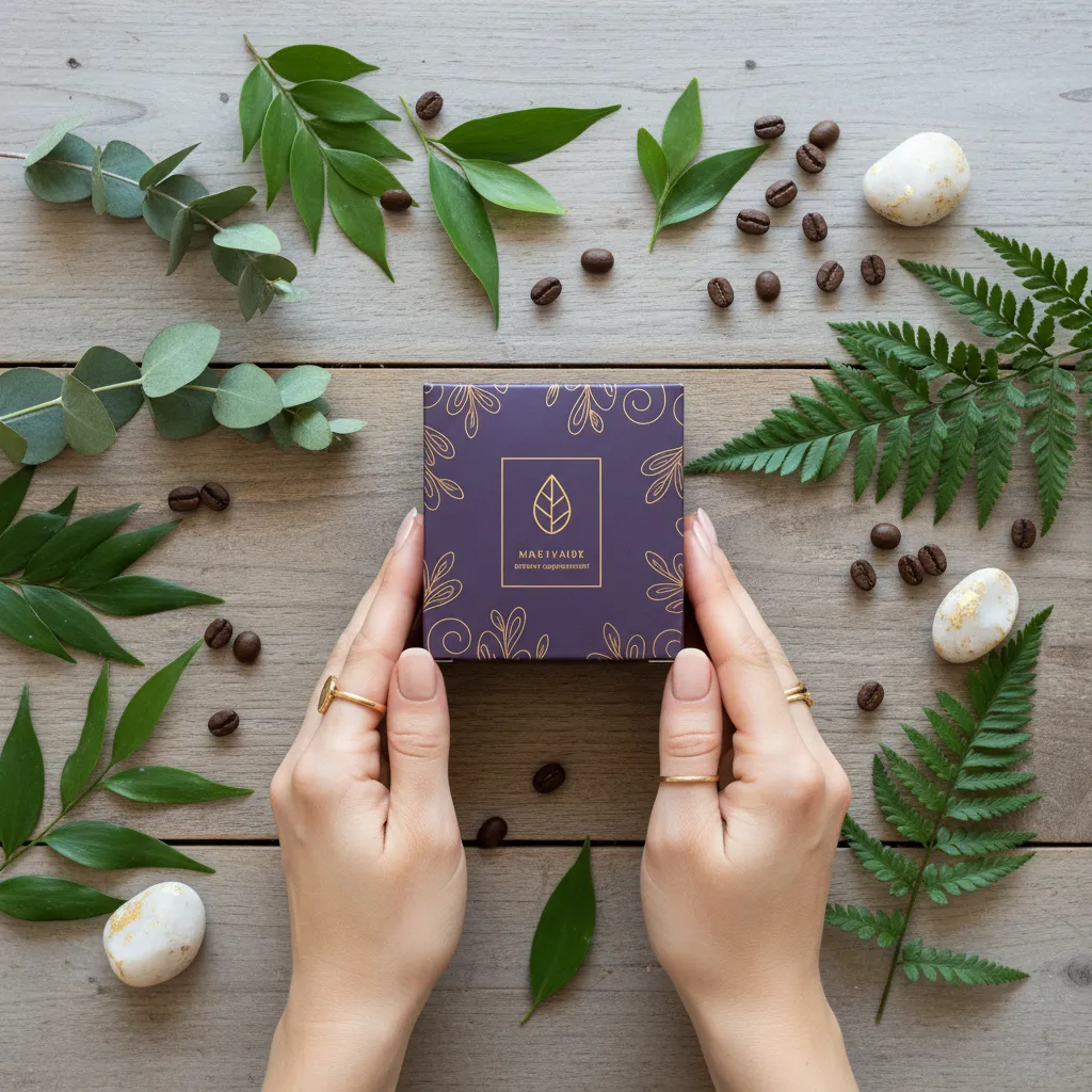 Hands holding a supplement box over a table with green botanical leaves and coffee beans